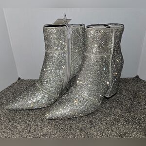 Silver Sparkle Rhinestone Heeled Boots, Side Zip, Size 6.5, New With Tags in Box